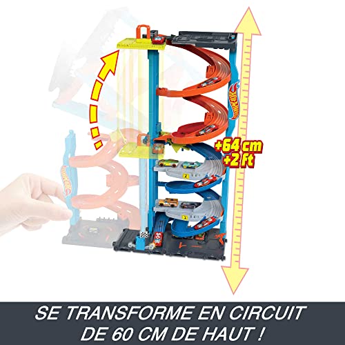 Hot Wheels Toy Car Track Set City Transforming Race Tower, Single to Dual-Mode Racing, with 1:64 Scale Car