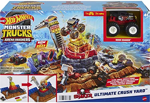 Hot Wheels Arena Smashers Bone Shaker Ultimate Crush Yard Playset, Exclusive 1:64 Scale Bone Shaker Toy Truck & 3 Crushable Cars