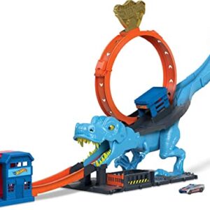 Hot Wheels City Track Set with 1 Toy Car, Race Through A Giant Loop to Defeat A Big Dinosaur, T-Rex Loop Stunt and Race Playset