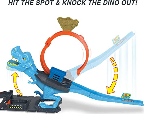 Hot Wheels City Track Set with 1 Toy Car, Race Through A Giant Loop to Defeat A Big Dinosaur, T-Rex Loop Stunt and Race Playset