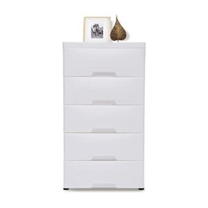 woqlibe white plastic storage dressers,with 5 drawers,file vertical cabinet with wheel casters for playroom bedroom hallway entryway furniture,17.72''d x 11.81''w x 33.07''h(white)
