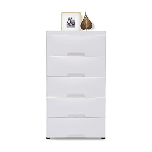 WOQLIBE White Plastic Storage Dressers,with 5 Drawers,File Vertical Cabinet with Wheel Casters for Playroom Bedroom Hallway Entryway Furniture,17.72''D x 11.81''W x 33.07''H(White)