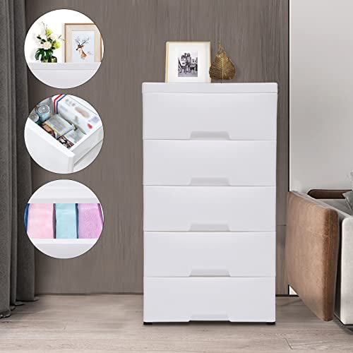 WOQLIBE White Plastic Storage Dressers,with 5 Drawers,File Vertical Cabinet with Wheel Casters for Playroom Bedroom Hallway Entryway Furniture,17.72''D x 11.81''W x 33.07''H(White)