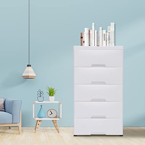 WOQLIBE White Plastic Storage Dressers,with 5 Drawers,File Vertical Cabinet with Wheel Casters for Playroom Bedroom Hallway Entryway Furniture,17.72''D x 11.81''W x 33.07''H(White)