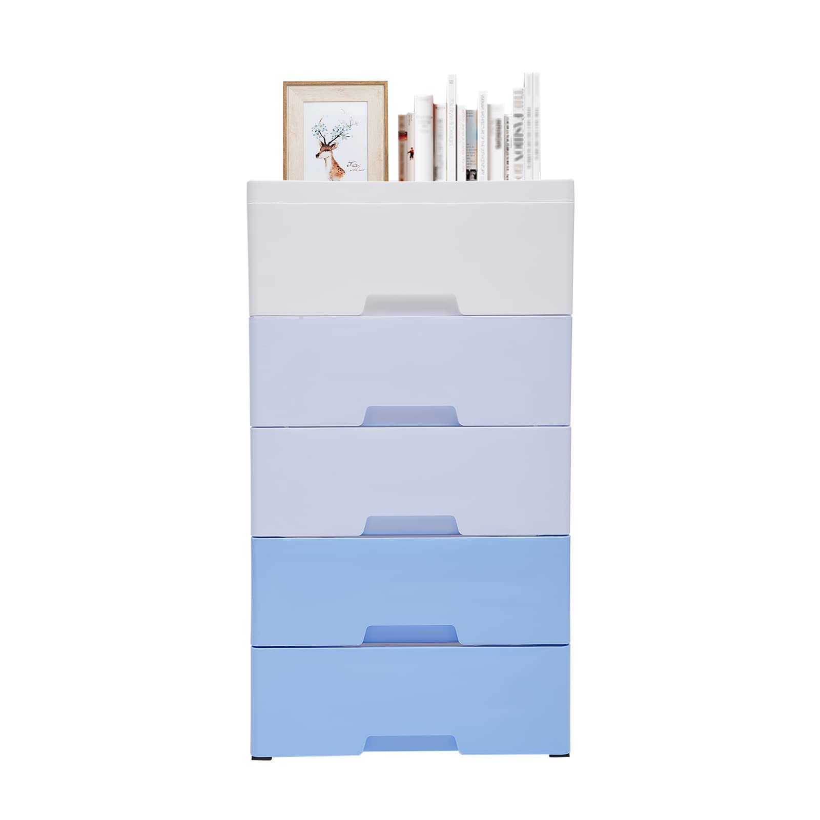 WOQLIBE Plastic Storage Dressers Drawers,Stackable Vertical Clothes Storage Tower with Wheel Lockable,Lockable Storage Cabinet with Open Storage Shelves for Home Office(Gradient Blue)