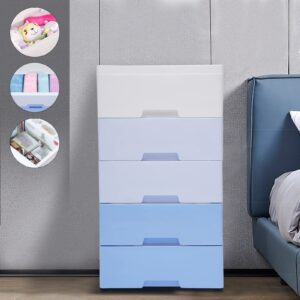 WOQLIBE Plastic Storage Dressers Drawers,Stackable Vertical Clothes Storage Tower with Wheel Lockable,Lockable Storage Cabinet with Open Storage Shelves for Home Office(Gradient Blue)