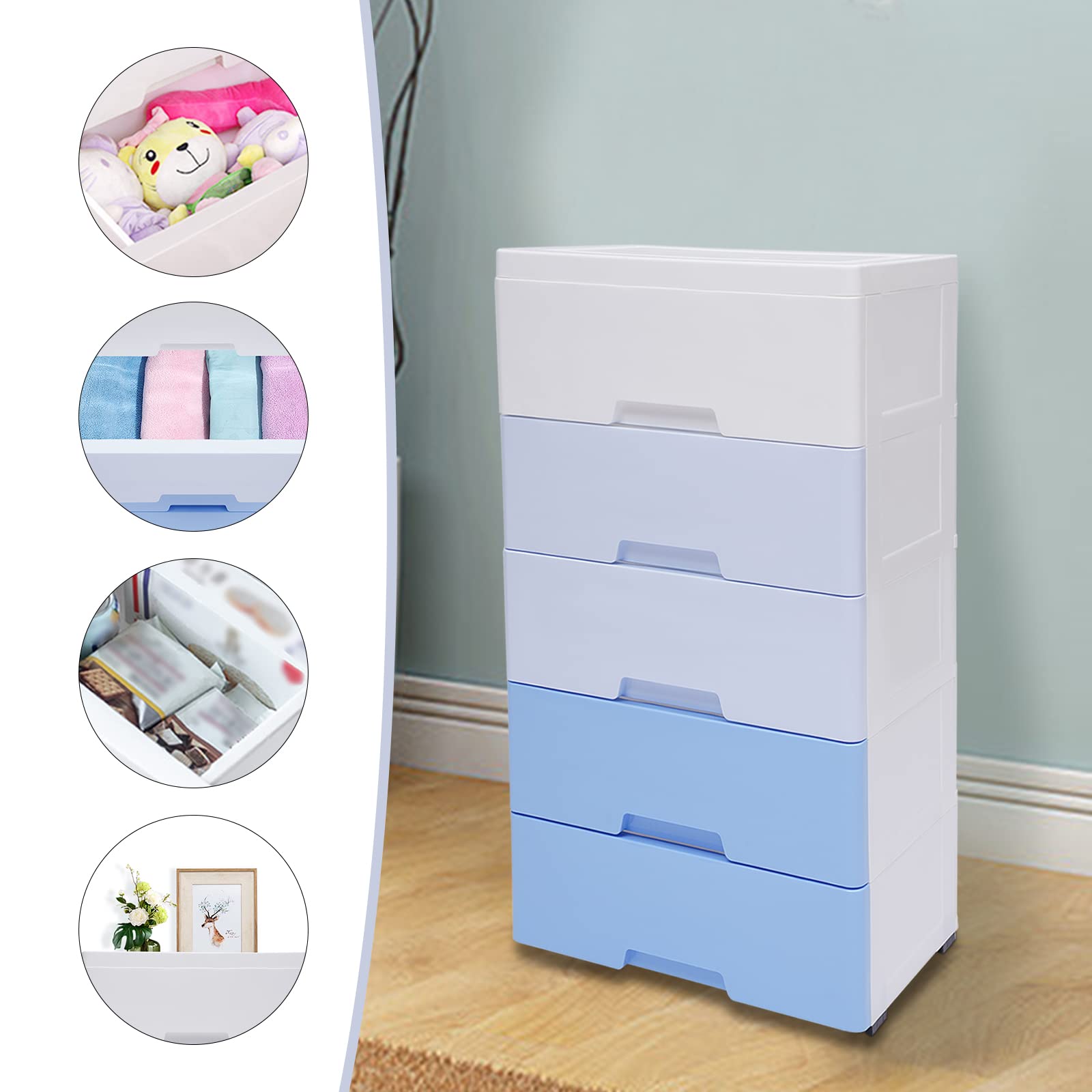 WOQLIBE Plastic Storage Dressers Drawers,Stackable Vertical Clothes Storage Tower with Wheel Lockable,Lockable Storage Cabinet with Open Storage Shelves for Home Office(Gradient Blue)