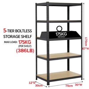 Heavy Duty Garage Shelving 67" H x 30" W x 12" D 386LB Per Shelf | Black, Rust Resistant Racking, 5 Tier Garage Storage | Adjustable Shelves, Boltless Assembly | for Shed, Home & Office