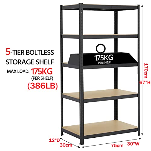 Heavy Duty Garage Shelving 67" H x 30" W x 12" D 386LB Per Shelf | Black, Rust Resistant Racking, 5 Tier Garage Storage | Adjustable Shelves, Boltless Assembly | for Shed, Home & Office