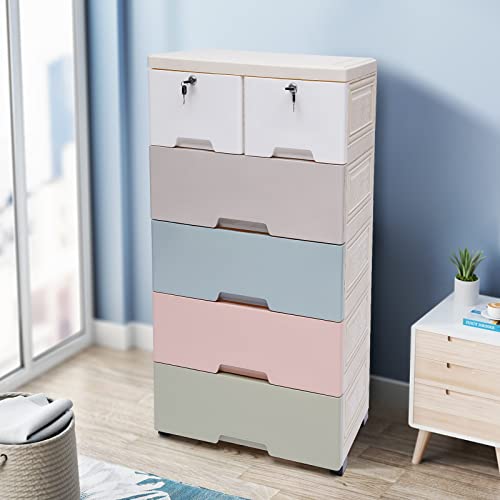 DNYSYSJ 5-Tiers Plastic Drawers Dresser,Macaron Color Closet Drawers Tall Dresser Organizer with 6 Drawers & 2 Locks,Easy Pull Closet Clothes File Toys Organizer Unit Storage Cabinet for Clothing