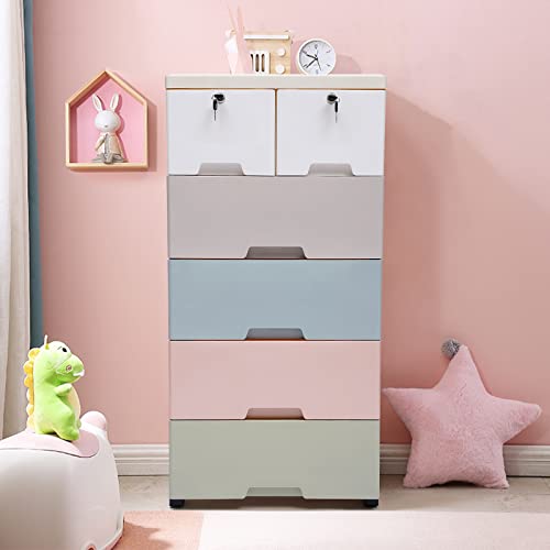 DNYSYSJ 5-Tiers Plastic Drawers Dresser,Macaron Color Closet Drawers Tall Dresser Organizer with 6 Drawers & 2 Locks,Easy Pull Closet Clothes File Toys Organizer Unit Storage Cabinet for Clothing