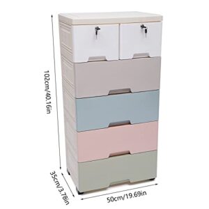 DNYSYSJ 5-Tiers Plastic Drawers Dresser,Macaron Color Closet Drawers Tall Dresser Organizer with 6 Drawers & 2 Locks,Easy Pull Closet Clothes File Toys Organizer Unit Storage Cabinet for Clothing