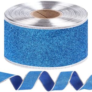 christmas wrapping ribbon xmas glitter wired ribbon,2"x25 yards glitter wide ribbon swirl metallic wired edge ribbon,curling wired shimmer glitter ribbon for home decor,gift wrapping,diy crafts,bule