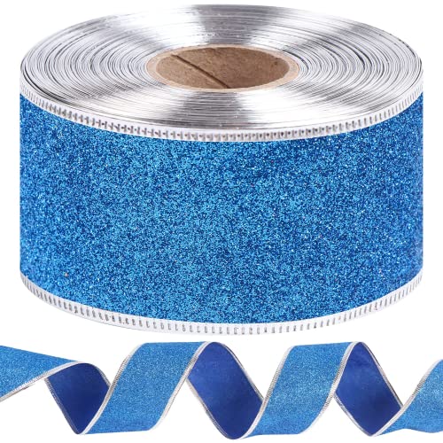 Christmas Wrapping Ribbon Xmas Glitter Wired Ribbon,2"x25 Yards Glitter Wide Ribbon Swirl Metallic Wired Edge Ribbon,Curling Wired Shimmer Glitter Ribbon for Home Decor,Gift Wrapping,DIY Crafts,Bule