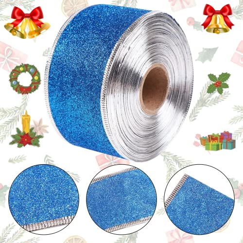 Christmas Wrapping Ribbon Xmas Glitter Wired Ribbon,2"x25 Yards Glitter Wide Ribbon Swirl Metallic Wired Edge Ribbon,Curling Wired Shimmer Glitter Ribbon for Home Decor,Gift Wrapping,DIY Crafts,Bule