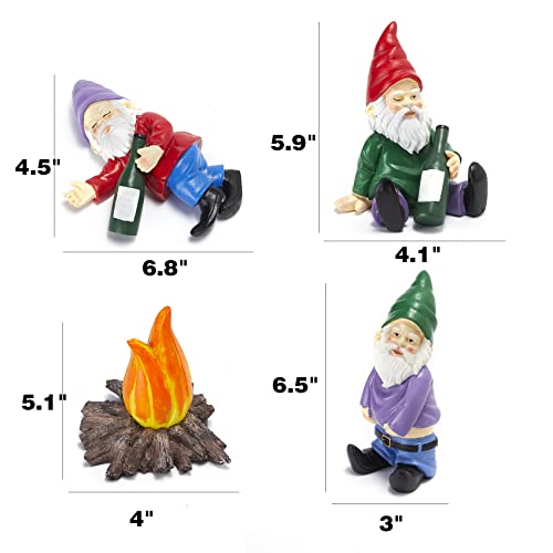 Extra Large Drunk Garden Gnomes Figurines | Set of 4 | Funny Dwarf Knomes Around Fire Pit, Adorable Naughty Drunken nombs Indoor & Outdoor Decor - Patio, Porch, Yard Lawn Art (Naughty Firepit Set)