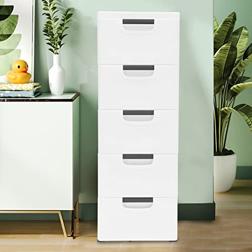 WOQLIBE Dresser Drawer Organizers,Plastic Dresser with 5 Drawers, Tall Storage Cabinet with Wheel, Dresser Drawer Organizers for Clothing/Bedroom/Playing Room,16x12x33 in(Pure White)