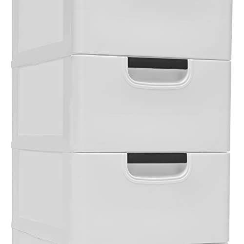 WOQLIBE Dresser Drawer Organizers,Plastic Dresser with 5 Drawers, Tall Storage Cabinet with Wheel, Dresser Drawer Organizers for Clothing/Bedroom/Playing Room,16x12x33 in(Pure White)