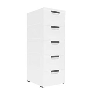 WOQLIBE Dresser Drawer Organizers,Plastic Dresser with 5 Drawers, Tall Storage Cabinet with Wheel, Dresser Drawer Organizers for Clothing/Bedroom/Playing Room,16x12x33 in(Pure White)