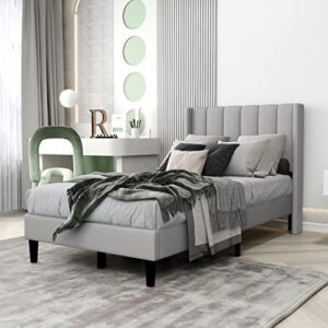 upholstered bed frame twin with wingback headboard/no box spring needed/wooden slat support/easy assemble/light gray