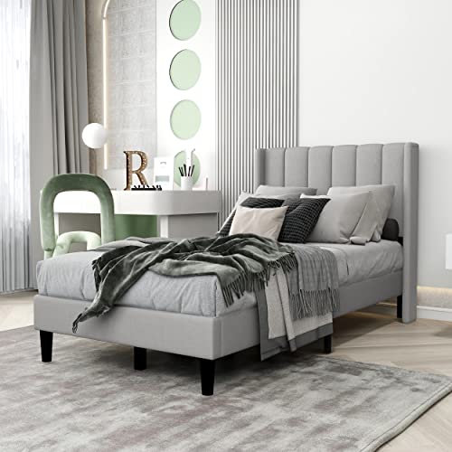 Upholstered Bed Frame Twin with Wingback Headboard/No Box Spring Needed/Wooden Slat Support/Easy Assemble/Light Gray