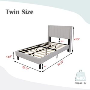 Upholstered Bed Frame Twin with Wingback Headboard/No Box Spring Needed/Wooden Slat Support/Easy Assemble/Light Gray