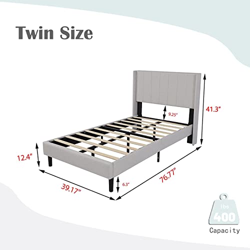 Upholstered Bed Frame Twin with Wingback Headboard/No Box Spring Needed/Wooden Slat Support/Easy Assemble/Light Gray