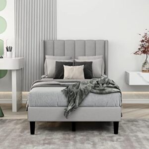 Upholstered Bed Frame Twin with Wingback Headboard/No Box Spring Needed/Wooden Slat Support/Easy Assemble/Light Gray