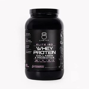 live fit whey protein isolate powder,32g of protein, collagen, probiotics, strawberry cheesecake,100% grassfed whey protein, keto friendly, sugar-free, great for post-workout,1.5g net carbs