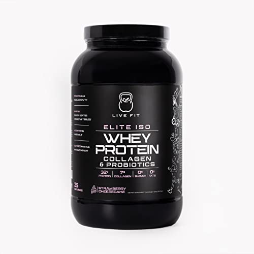 LIVE FIT Whey Protein Isolate Powder,32g of Protein, Collagen, Probiotics, Strawberry Cheesecake,100% Grassfed Whey Protein, Keto Friendly, Sugar-Free, Great for Post-Workout,1.5g Net Carbs