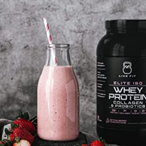 LIVE FIT Whey Protein Isolate Powder,32g of Protein, Collagen, Probiotics, Strawberry Cheesecake,100% Grassfed Whey Protein, Keto Friendly, Sugar-Free, Great for Post-Workout,1.5g Net Carbs