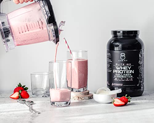 LIVE FIT Whey Protein Isolate Powder,32g of Protein, Collagen, Probiotics, Strawberry Cheesecake,100% Grassfed Whey Protein, Keto Friendly, Sugar-Free, Great for Post-Workout,1.5g Net Carbs