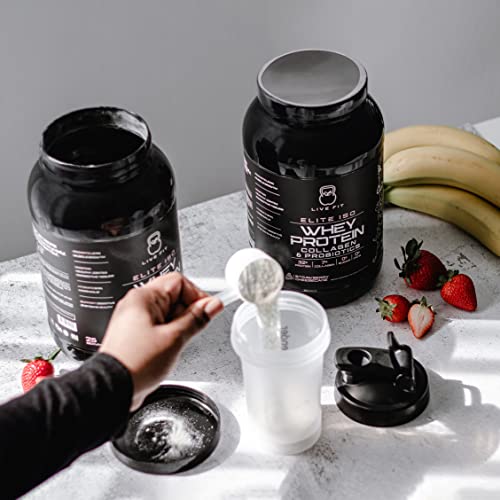 LIVE FIT Whey Protein Isolate Powder,32g of Protein, Collagen, Probiotics, Strawberry Cheesecake,100% Grassfed Whey Protein, Keto Friendly, Sugar-Free, Great for Post-Workout,1.5g Net Carbs