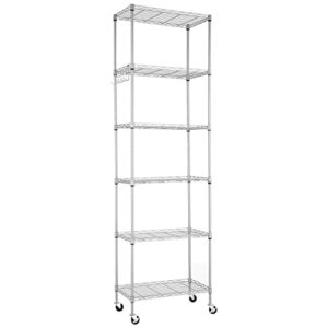 himimi 6-tier wire shelving unit with wheels, height adjustable, heavy duty standing storage shelf with hook for bathroom kitchen garage bedroom silver grey