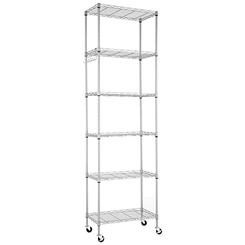 Himimi 6-Tier Wire Shelving Unit with Wheels, Height Adjustable, Heavy Duty Standing Storage Shelf with Hook for Bathroom Kitchen Garage Bedroom Silver Grey