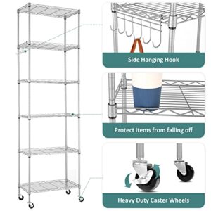 Himimi 6-Tier Wire Shelving Unit with Wheels, Height Adjustable, Heavy Duty Standing Storage Shelf with Hook for Bathroom Kitchen Garage Bedroom Silver Grey