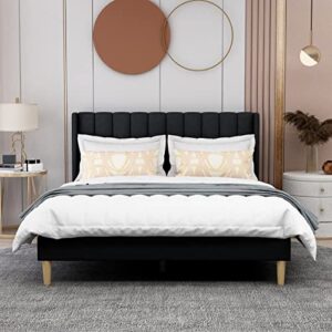 AGARTT Upholstered Platform Bed Frame Queen Size with Headboard and Footboard/Wooden Slats Support/No Box Spring Needed/Easy Assembly,Black Linen