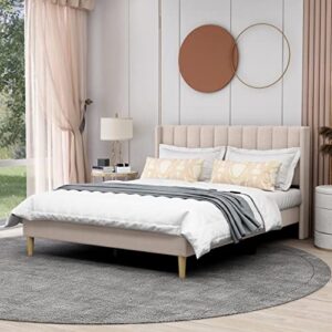 agartt upholstered platform bed frame queen size with headboard and footboard/wooden slats support/no box spring needed/easy assembly,beige linen