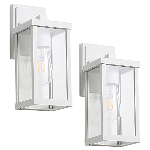 Eidonta Outdoor Wall Sconce, 2 Pack Exterior White Wall Lantern Light Fixtures with Clear Glass Shade, Waterproof Wall Mount Light, E26 Socket Modern Anti-Rust Porch Lighting (Bulb Not Included)