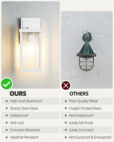 Eidonta Outdoor Wall Sconce, 2 Pack Exterior White Wall Lantern Light Fixtures with Clear Glass Shade, Waterproof Wall Mount Light, E26 Socket Modern Anti-Rust Porch Lighting (Bulb Not Included)