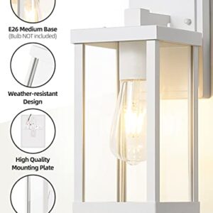 Eidonta Outdoor Wall Sconce, 2 Pack Exterior White Wall Lantern Light Fixtures with Clear Glass Shade, Waterproof Wall Mount Light, E26 Socket Modern Anti-Rust Porch Lighting (Bulb Not Included)