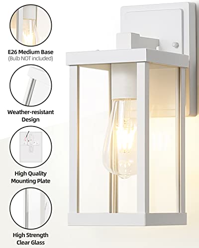 Eidonta Outdoor Wall Sconce, 2 Pack Exterior White Wall Lantern Light Fixtures with Clear Glass Shade, Waterproof Wall Mount Light, E26 Socket Modern Anti-Rust Porch Lighting (Bulb Not Included)