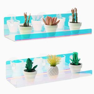 Iridescent Window Shelf for Plants, 2 Acrylic Window Mounted Shelves, Plant Window Shelf For Bathroom, Shower & Kitchen, Rainbow Iridescent Decor Modern Acrylic Suction Cup Window Ledge Plant Shelf