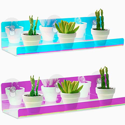 Iridescent Window Shelf for Plants, 2 Acrylic Window Mounted Shelves, Plant Window Shelf For Bathroom, Shower & Kitchen, Rainbow Iridescent Decor Modern Acrylic Suction Cup Window Ledge Plant Shelf