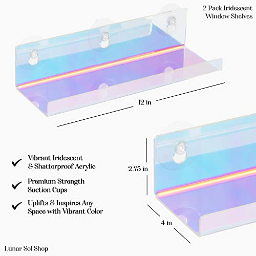 Iridescent Window Shelf for Plants, 2 Acrylic Window Mounted Shelves, Plant Window Shelf For Bathroom, Shower & Kitchen, Rainbow Iridescent Decor Modern Acrylic Suction Cup Window Ledge Plant Shelf