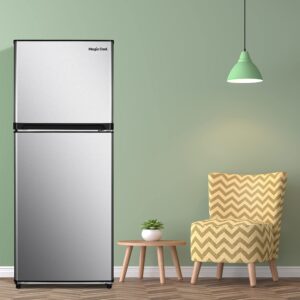 Magic Cool MCR10SI Apartment Refrigerator Freestanding Slim Design Full Fridge with Top Freezer for Condo, House, Small Kitchen Use, Metallic