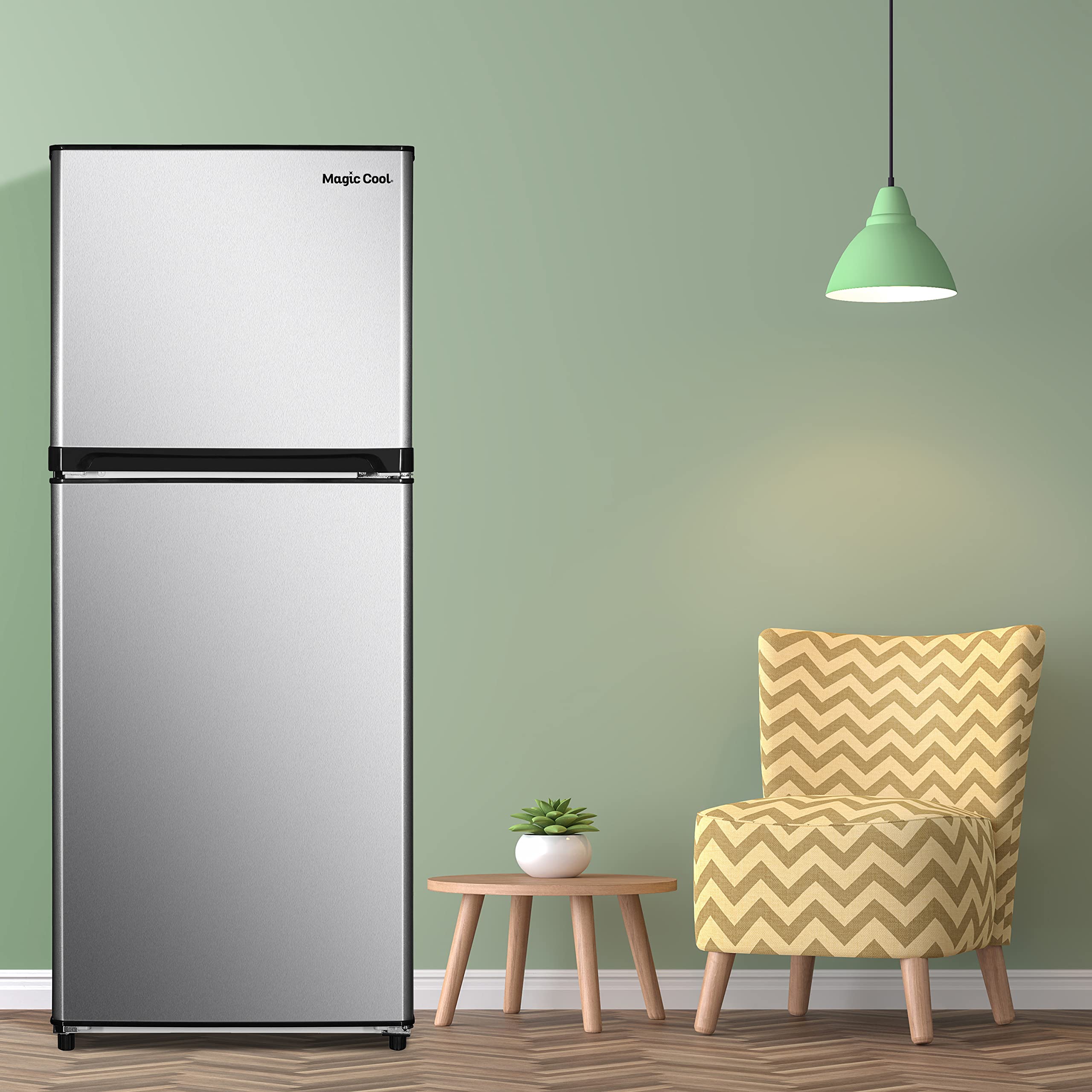 Magic Cool MCR10SI Apartment Refrigerator Freestanding Slim Design Full Fridge with Top Freezer for Condo, House, Small Kitchen Use, Metallic