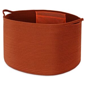 maliton xxl large cotton rope basket large basket for blankets, towels, pillows - round toy basket with pockets- woven laundry basket with handles - 20" x 20" x 13" nursery hamper bin, burnt orange