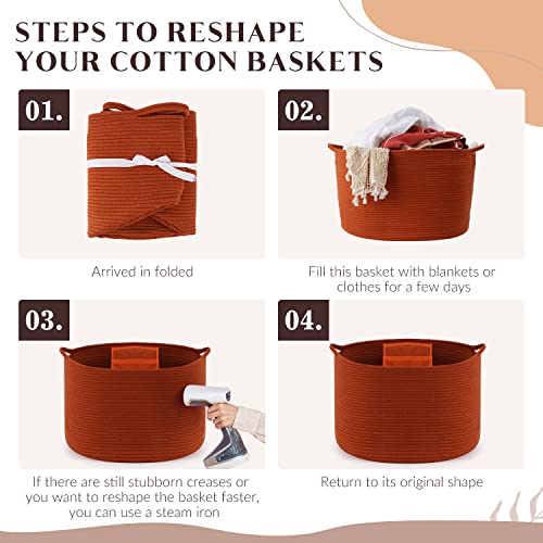 Maliton XXL Large Cotton Rope Basket Large Basket for Blankets, Towels, Pillows - Round Toy Basket with Pockets- Woven Laundry Basket with Handles - 20" x 20" x 13" Nursery Hamper Bin, Burnt Orange