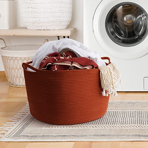 Maliton XXL Large Cotton Rope Basket Large Basket for Blankets, Towels, Pillows - Round Toy Basket with Pockets- Woven Laundry Basket with Handles - 20" x 20" x 13" Nursery Hamper Bin, Burnt Orange